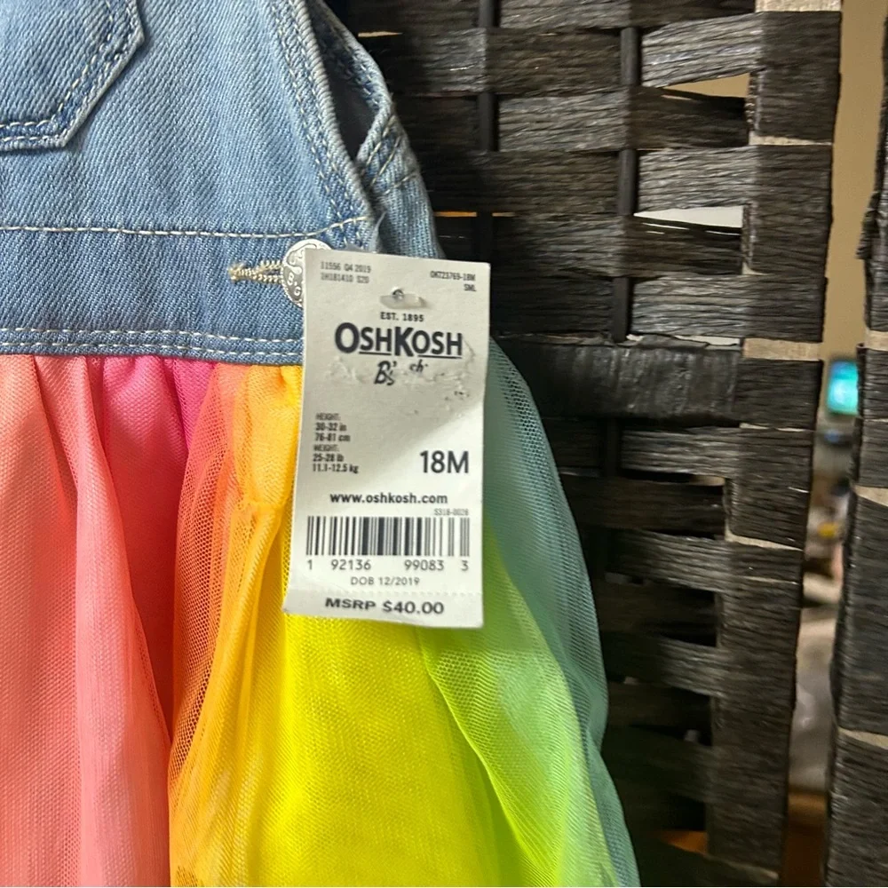 New Osh Kosh BGosh overall dress with colorful yainbor skirt size 18 months
